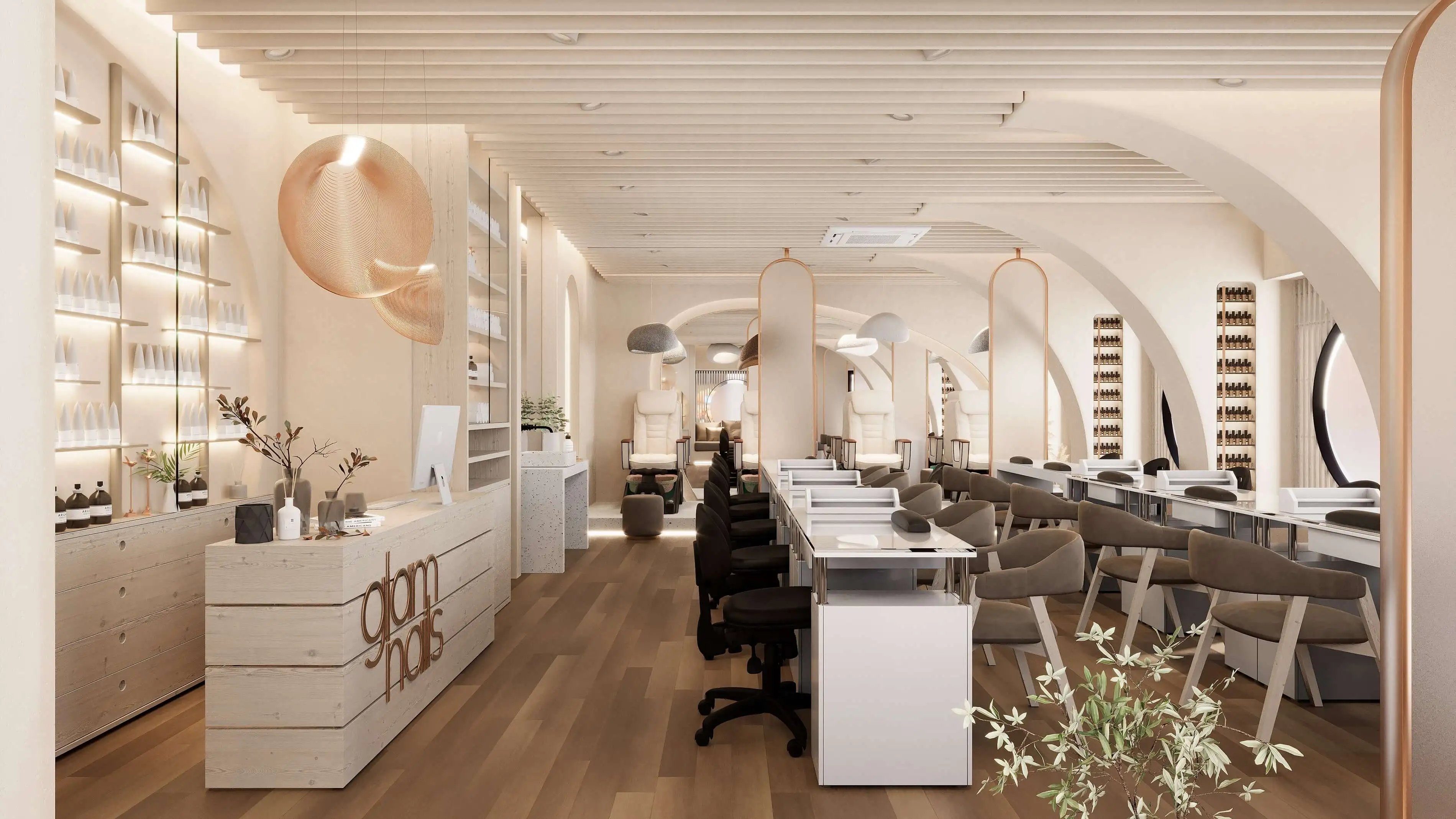 BM Interiordesign - Innenansicht des Nailstudios mit modernem Empfangsbereich und stilvollen Arbeitstischen.