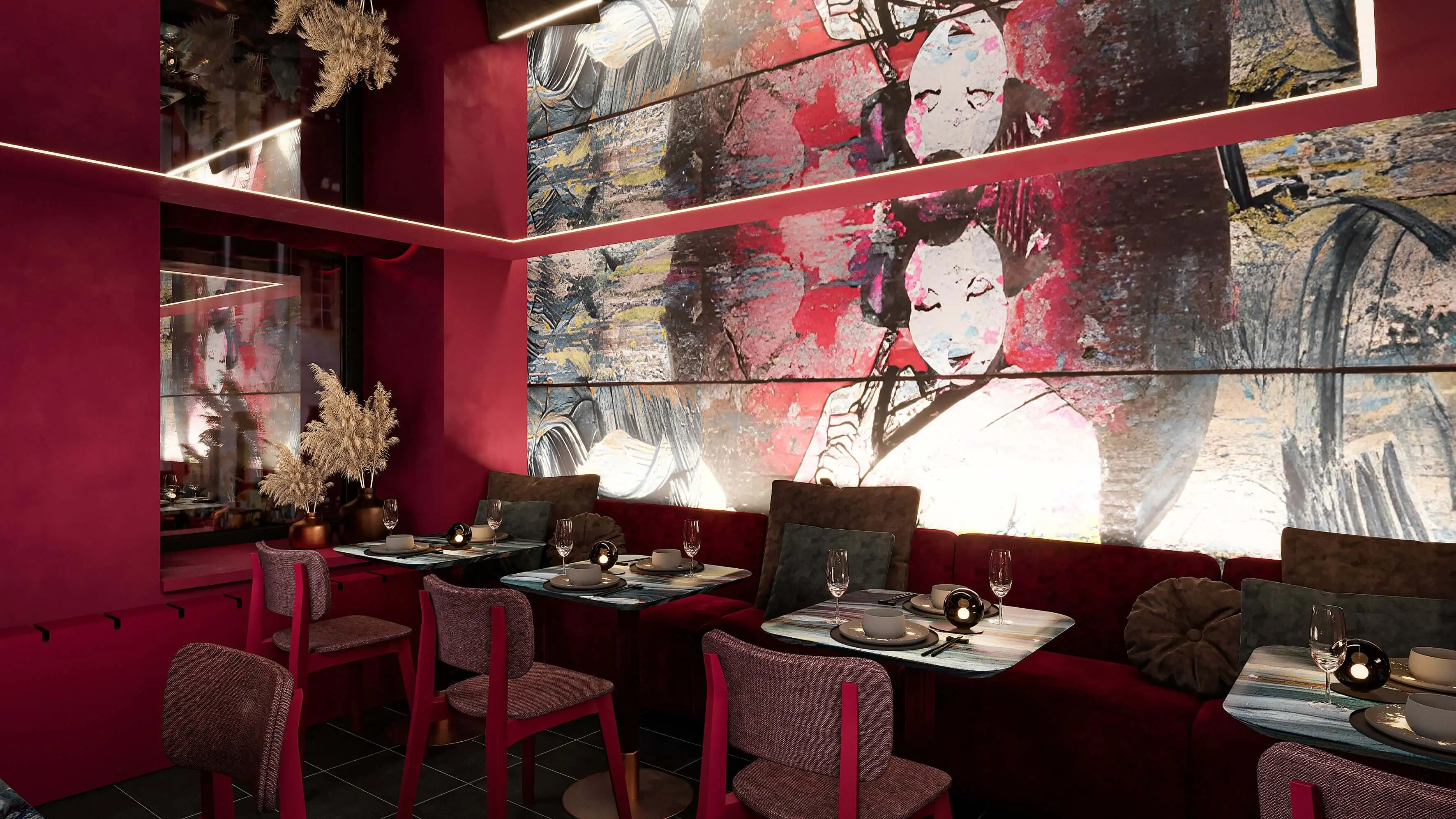 BM Interiordesign - Stilvoller Essbereich mit modernen Tischen und dezenter Beleuchtung in einem luxuriösen Ambiente.