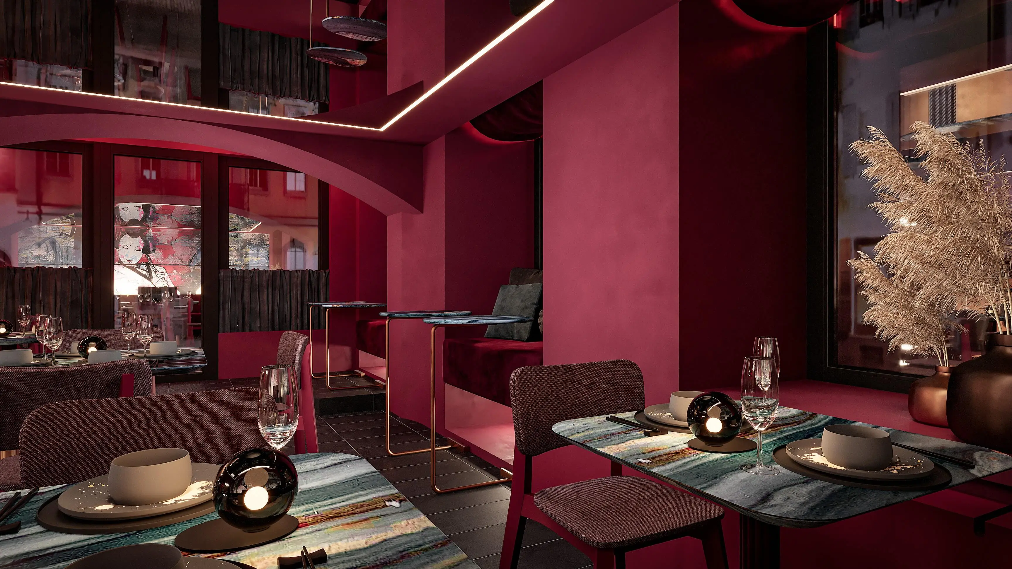 BM Interiordesign - Eleganter Speisesaal mit gedeckten Tischen, moderner Kunst und stimmungsvoller Beleuchtung.